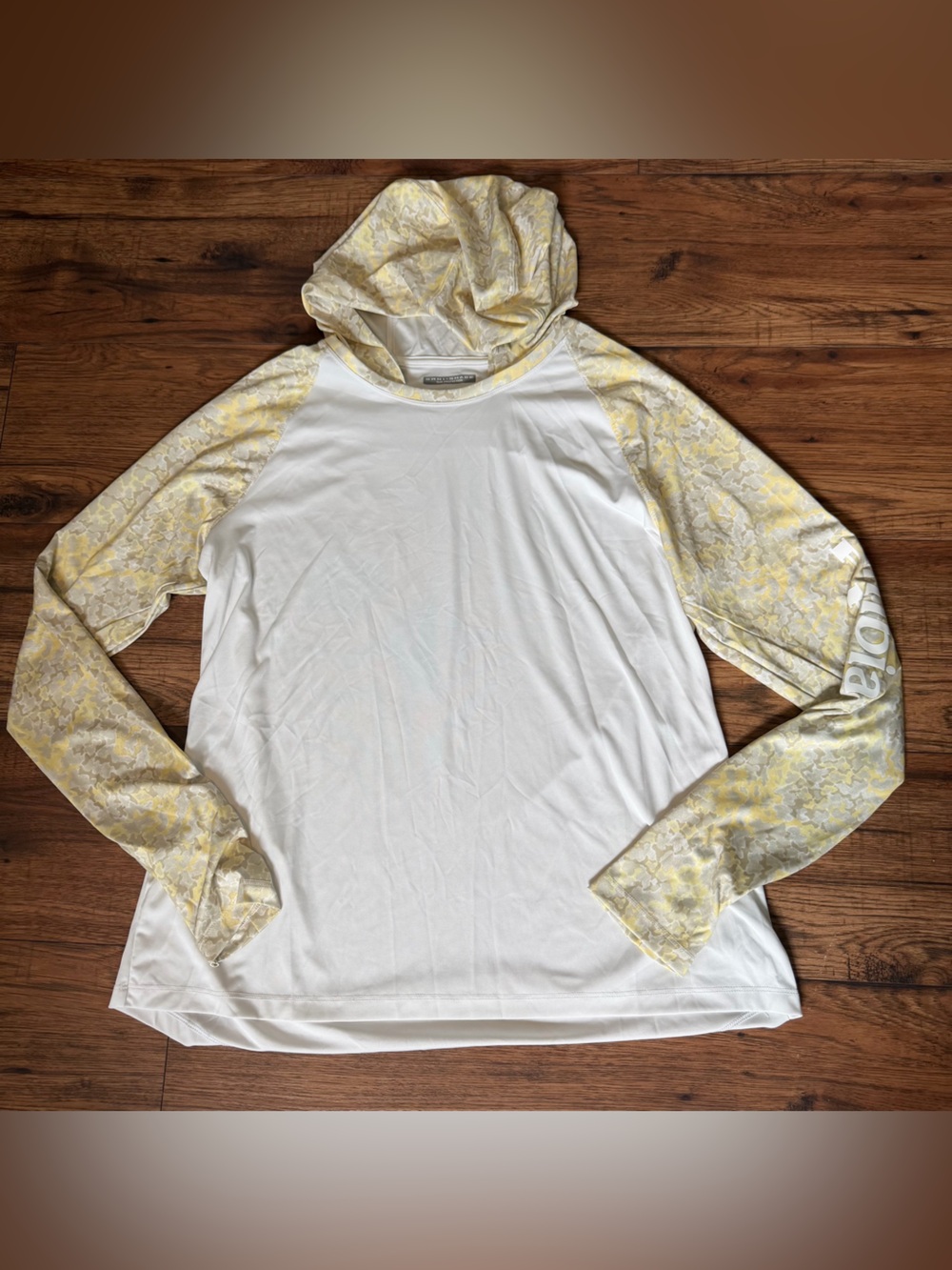 Columbia PFG Omni Shade White Hooded performance shirt yellow camo Women’s XL